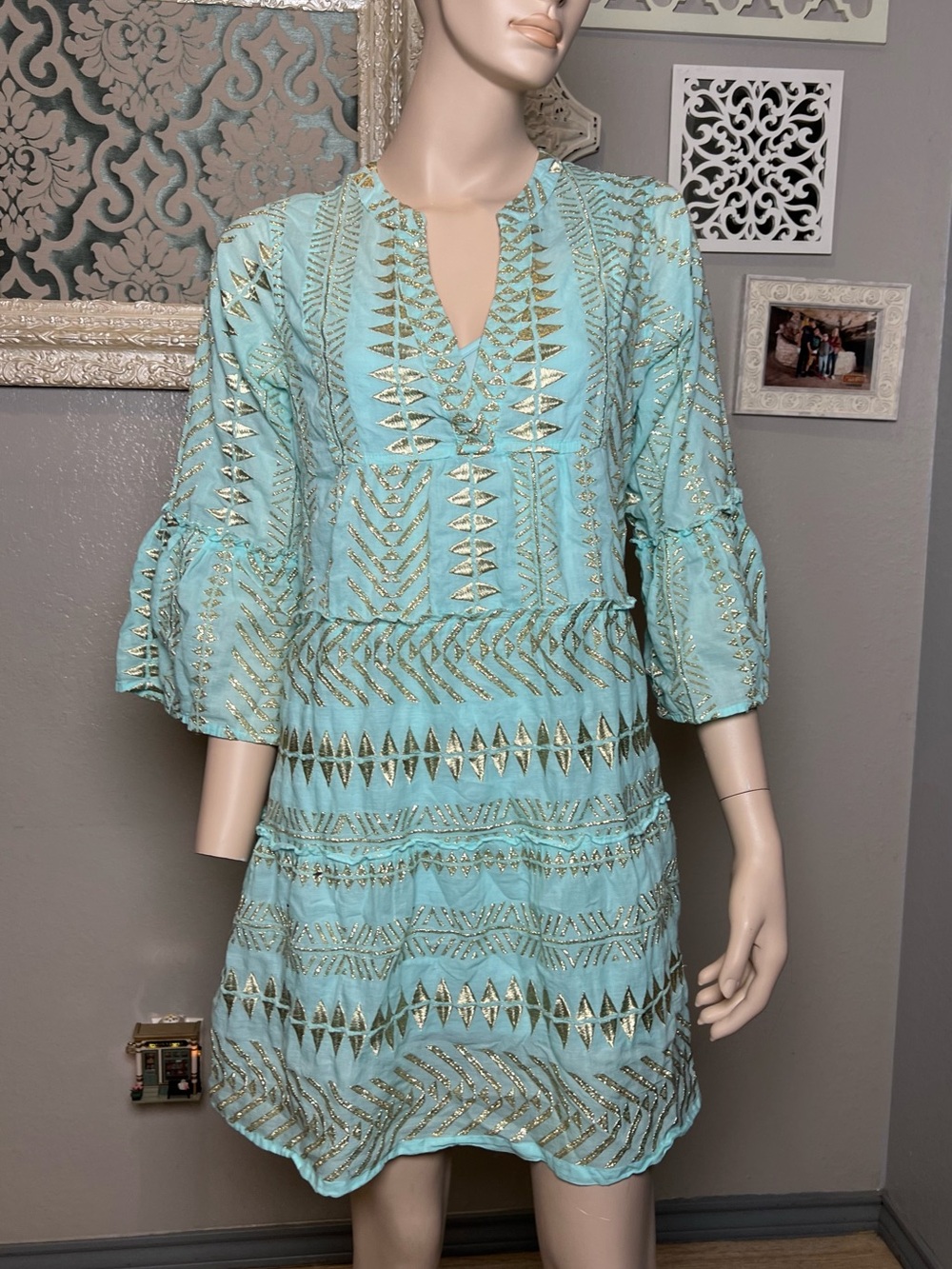 Boston Proper Light Aqua dress with Gold Metallic Embellishment - Picture 2 of 14